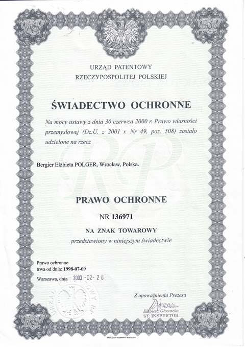 świadectwo ochronne Urzędu patentowego Rzeczypospolitej Polskiej nr 136971 na znak towarowy PolGer